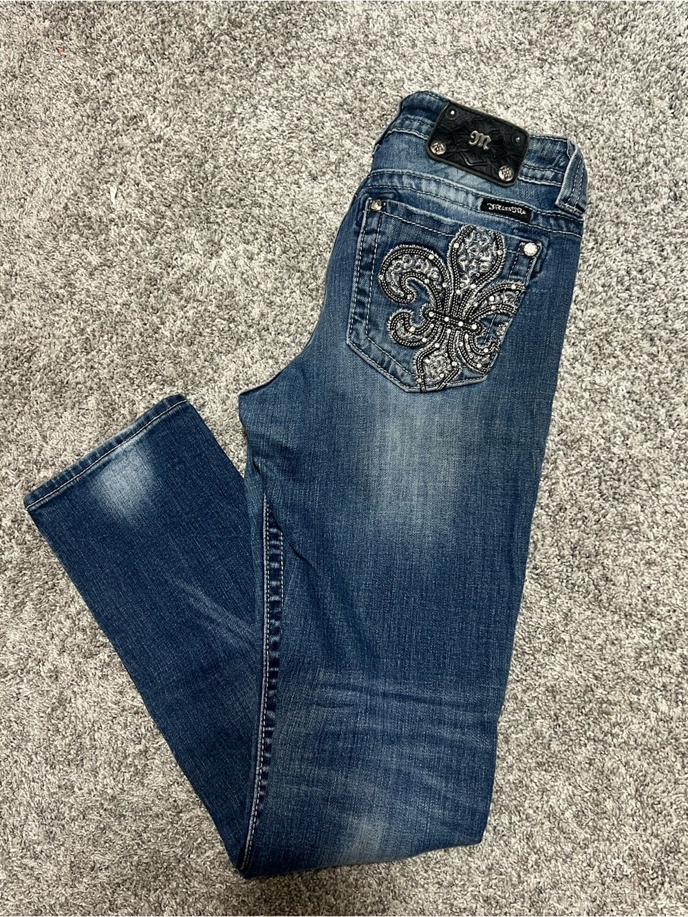 Miss Me Dark Blue Jeans with Rhinestone Fleur-de-Lis